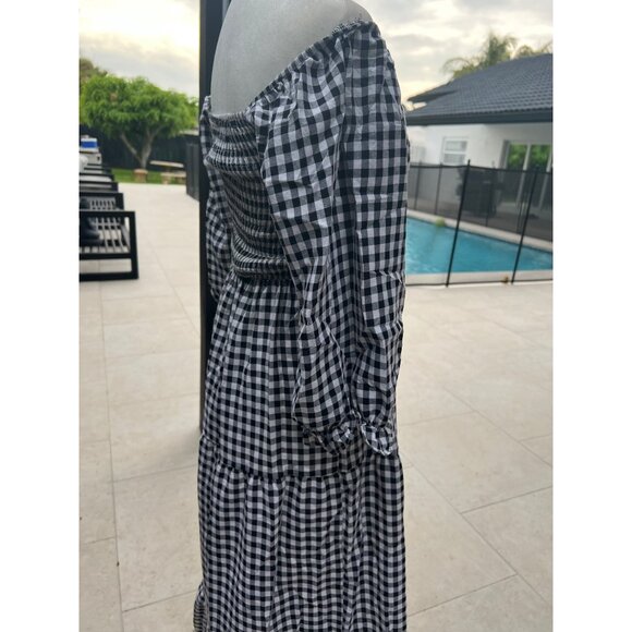 Plaid Gingham Cottage Maxi Dress black Voile Prairie Core Corset Romantic S/M - Picture 4 of 5